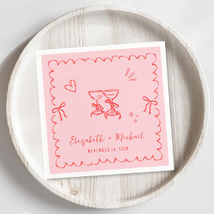 Whimsical Pink Red Wavy Frame Wedding Napkin