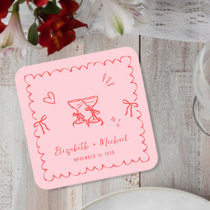 Whimsical Pink Red Wavy Frame Wedding Square Paper Coaster