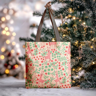 Whimsical Pink Reindeer and Winter Foliage Pattern Tote Bag