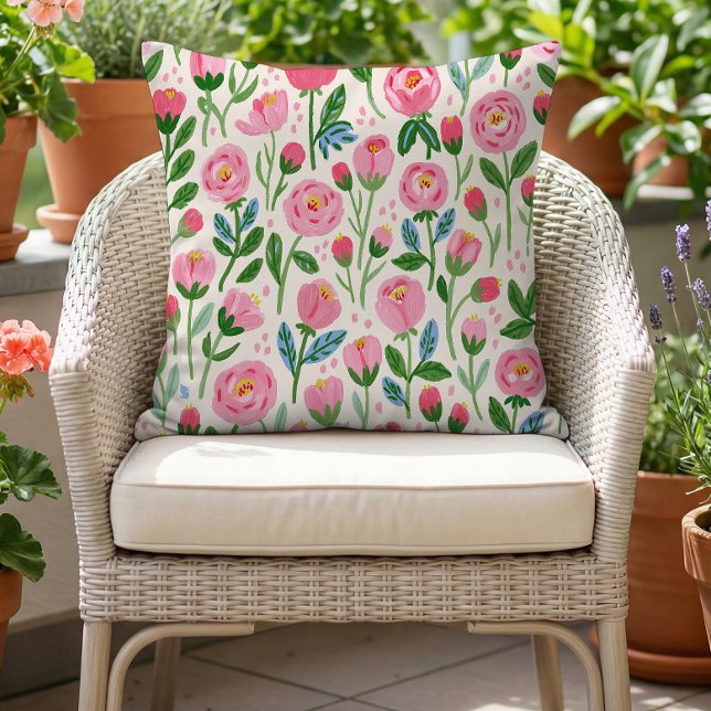 Whimsical Pink Rosebuds Summer Floral Pattern Cushion (Creator Uploaded)
