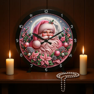 Whimsical Pink Santa Christmas Graphic Large Clock