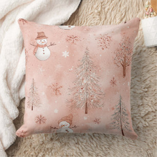 Whimsical Pink Snowman Christmas - Winter (1) Cushion