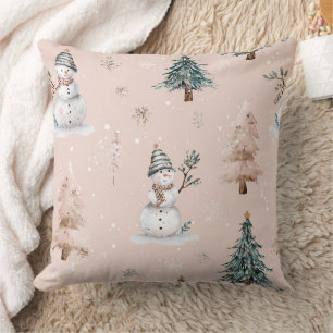 Whimsical Pink Snowman Christmas - Winter (2) Cushion