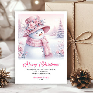 Whimsical Pink Snowman Digital Winter Scene Cards