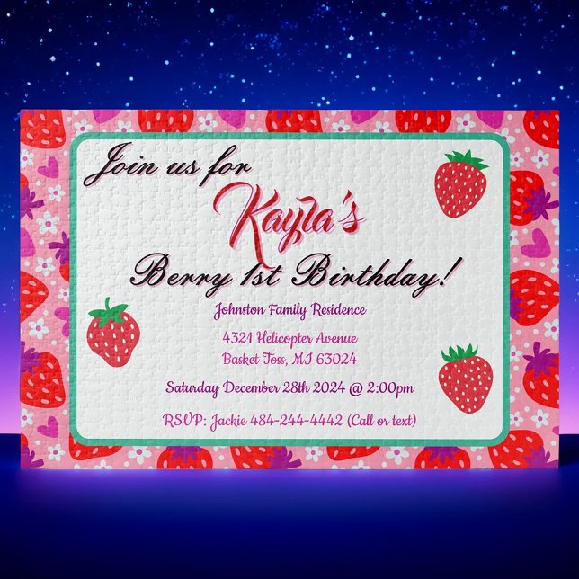 Whimsical Pink Strawberry First Birthday Invite Jigsaw Puzzle (Creator Uploaded)