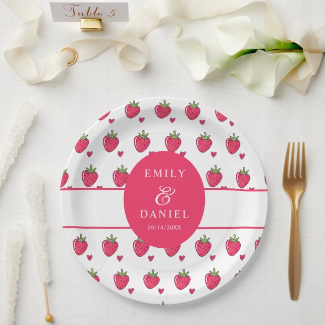 Whimsical Pink Strawberry Wedding Paper Plate (Wedding)