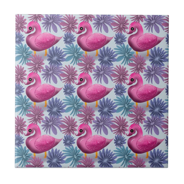 Whimsical Pink Swan: Pastel Floral Dream Pattern Ceramic Tile (Front)
