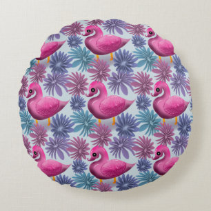 Whimsical Pink Swan: Pastel Floral Dream Pattern Round Cushion