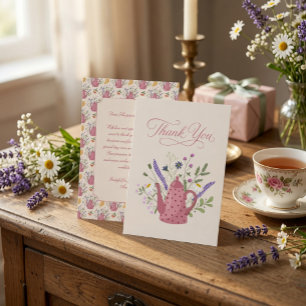 Whimsical Pink Teapot Wildflower Bridal Tea Party Thank You Card