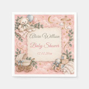Whimsical Pink Teddy Bear Baby Shower Napkin