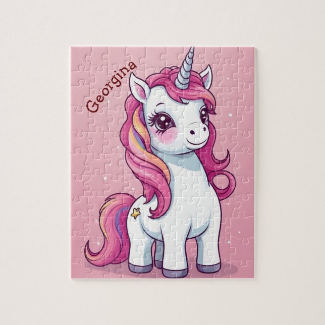 Whimsical Pink Unicorn Personalised Kids Jigsaw Puzzle (Vertical)