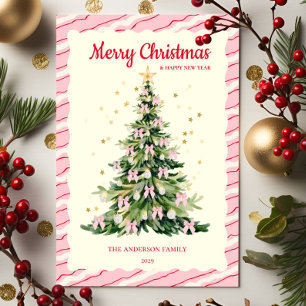 Whimsical Pink Watercolor Christmas tree Holiday Card