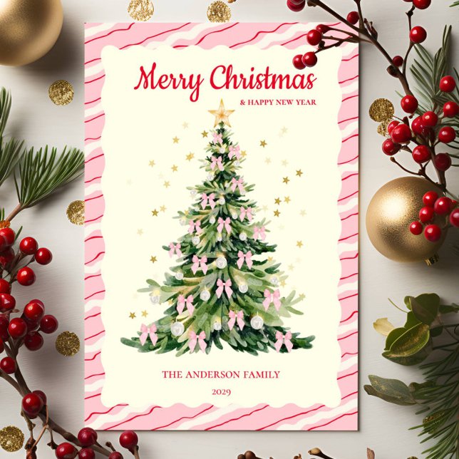 Whimsical Pink Watercolor Christmas tree Holiday Card (Creator Uploaded)