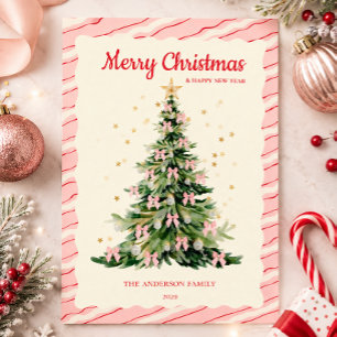 Whimsical Pink Watercolor Christmas tree Holiday Card