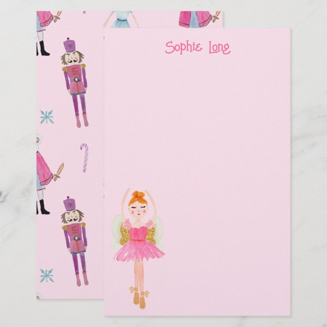 Whimsical Pink Watercolor Nutcracker Ballerina Stationery (Front/Back)
