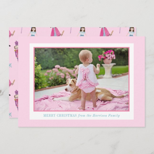 Whimsical Pink Watercolor Nutcracker Ballet Photo Holiday Card (Front/Back)
