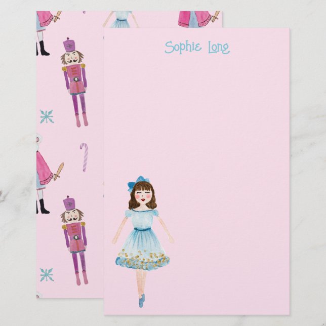 Whimsical Pink Watercolor Nutcracker Clara Stationery (Front/Back)