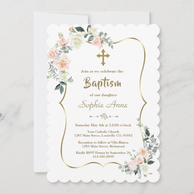 Whimsical Pink White Flowers Gold Girl Baptism Invitation (Front)