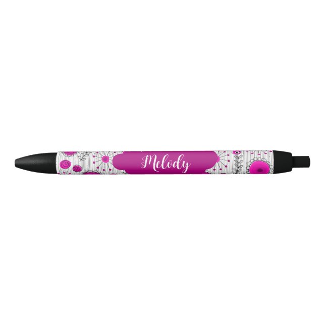 Whimsical pink white hearts flowers floral name black ink pen (Front)