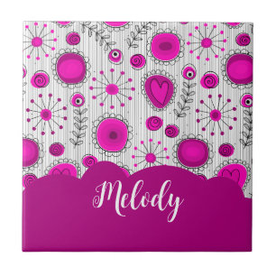 Whimsical pink white hearts flowers floral name ceramic tile