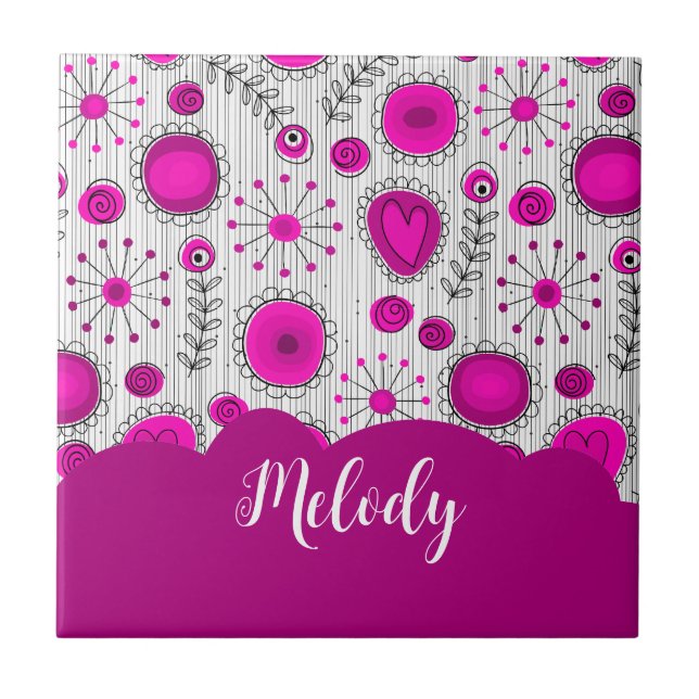 Whimsical pink white hearts flowers floral name ceramic tile (Front)