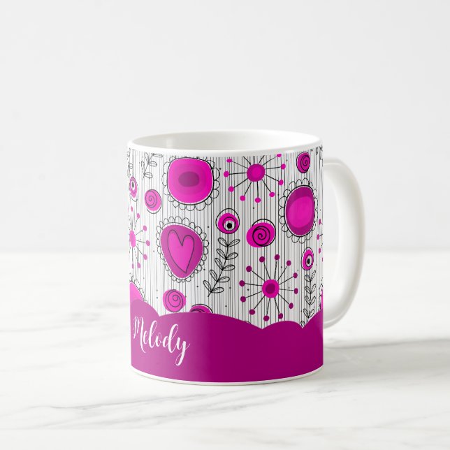 Whimsical pink white hearts flowers floral name coffee mug (Front Right)