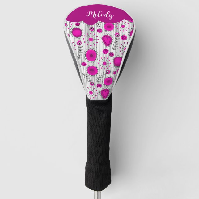 Whimsical pink white hearts flowers floral name golf head cover (Front)