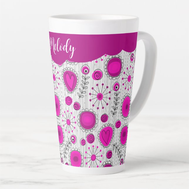 Whimsical pink white hearts flowers floral name latte mug (Right Angle)