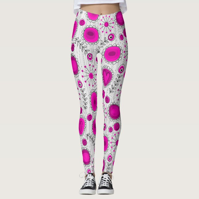 Whimsical pink white hearts flowers floral name leggings (Front)