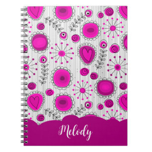Whimsical pink white hearts flowers floral name notebook