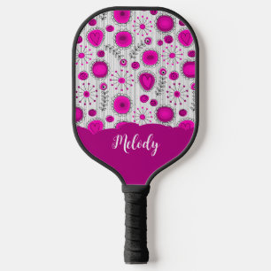 Whimsical pink white hearts flowers floral name pickleball paddle