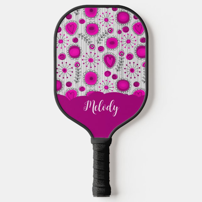 Whimsical pink white hearts flowers floral name pickleball paddle (Front)