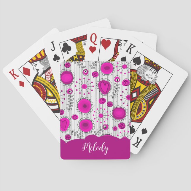 Whimsical pink white hearts flowers floral name playing cards (Back)