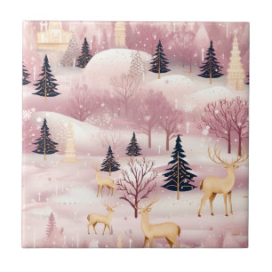 Whimsical Pink Winter Landscape (1) Ceramic Tile