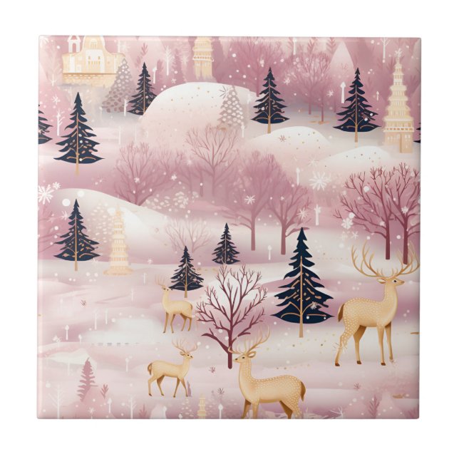 Whimsical Pink Winter Landscape (1) Ceramic Tile (Front)