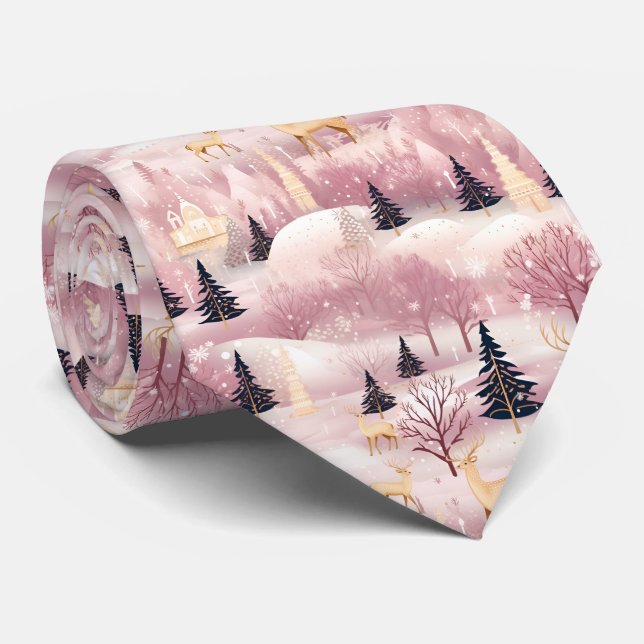 Whimsical Pink Winter Landscape (1) Tie (Rolled)