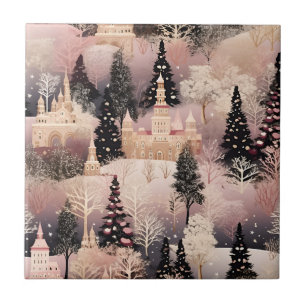 Whimsical Pink Winter Landscape (2) Ceramic Tile