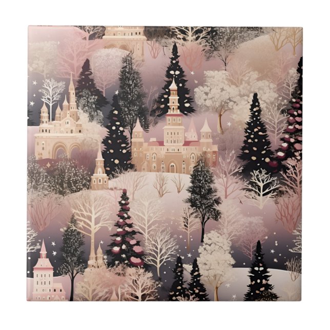 Whimsical Pink Winter Landscape (2) Ceramic Tile (Front)