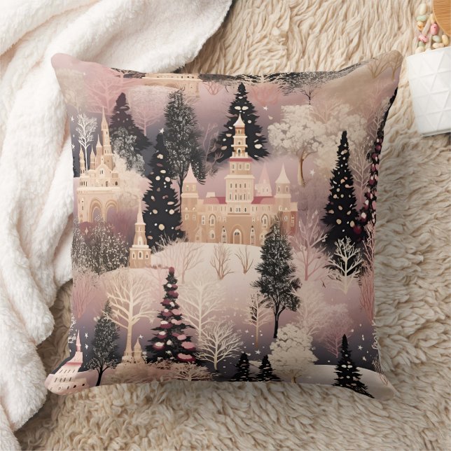 Whimsical Pink Winter Landscape (2) Cushion (Blanket)