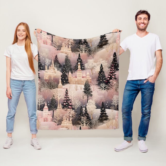Whimsical Pink Winter Landscape (2) Fleece Blanket (In Situ)
