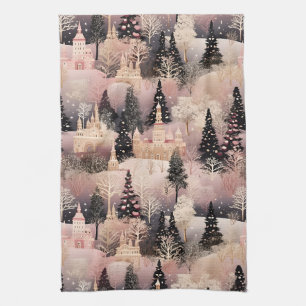 Whimsical Pink Winter Landscape (2) Tea Towel