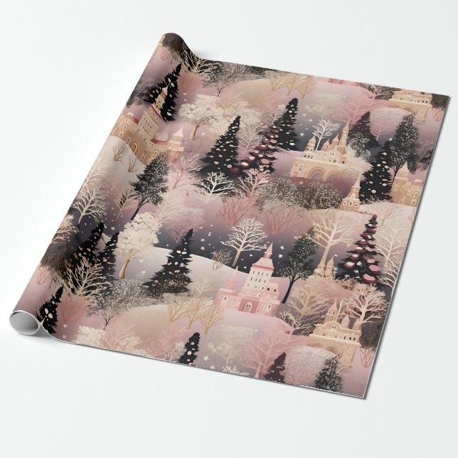 Whimsical Pink Winter Landscape (2) Wrapping Paper (Unrolled)