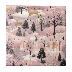 Whimsical Pink Winter Landscape (4) Ceramic Tile