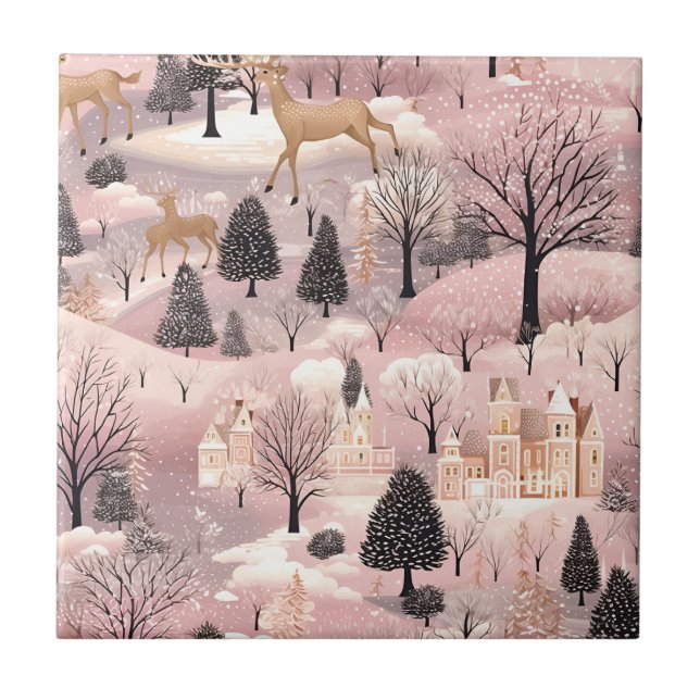 Whimsical Pink Winter Landscape (4) Ceramic Tile (Front)