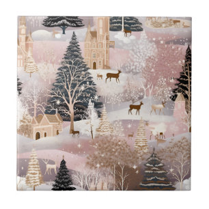 Whimsical Pink Winter Landscape (8) Ceramic Tile