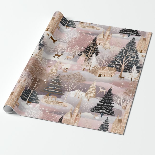 Whimsical Pink Winter Landscape (8) Wrapping Paper (Unrolled)