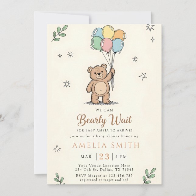 Whimsical Pink Yellow Teddy bear baby shower Invitation (Front)