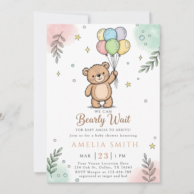 Whimsical Pink Yellow Teddy bear baby shower Invitation (Front)