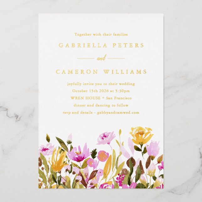 Whimsical Pink Yellow Watercolor Floral Wedding (Front)