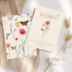 Whimsical Pink Yellow Wildflower Butterfly Wedding Invitation